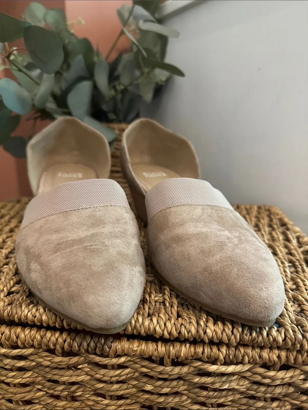Eileen Fisher Hilly D’Orsay 7 tan suede mesh slip on 2” heel wedge shoes